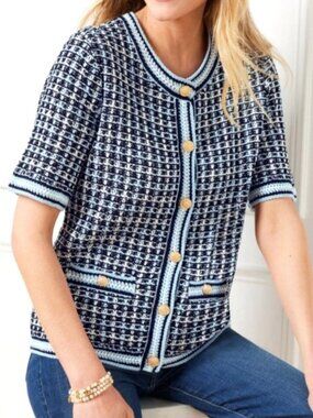 Talbots Women's Sz M Black & White Knit Short Sleeve Cardigan With Gold Buttons